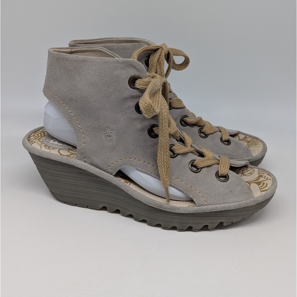 Fly London Yaba Wedge Sandals Women 43 Grey Suede Lace Up Peep Toe Boho Neutral